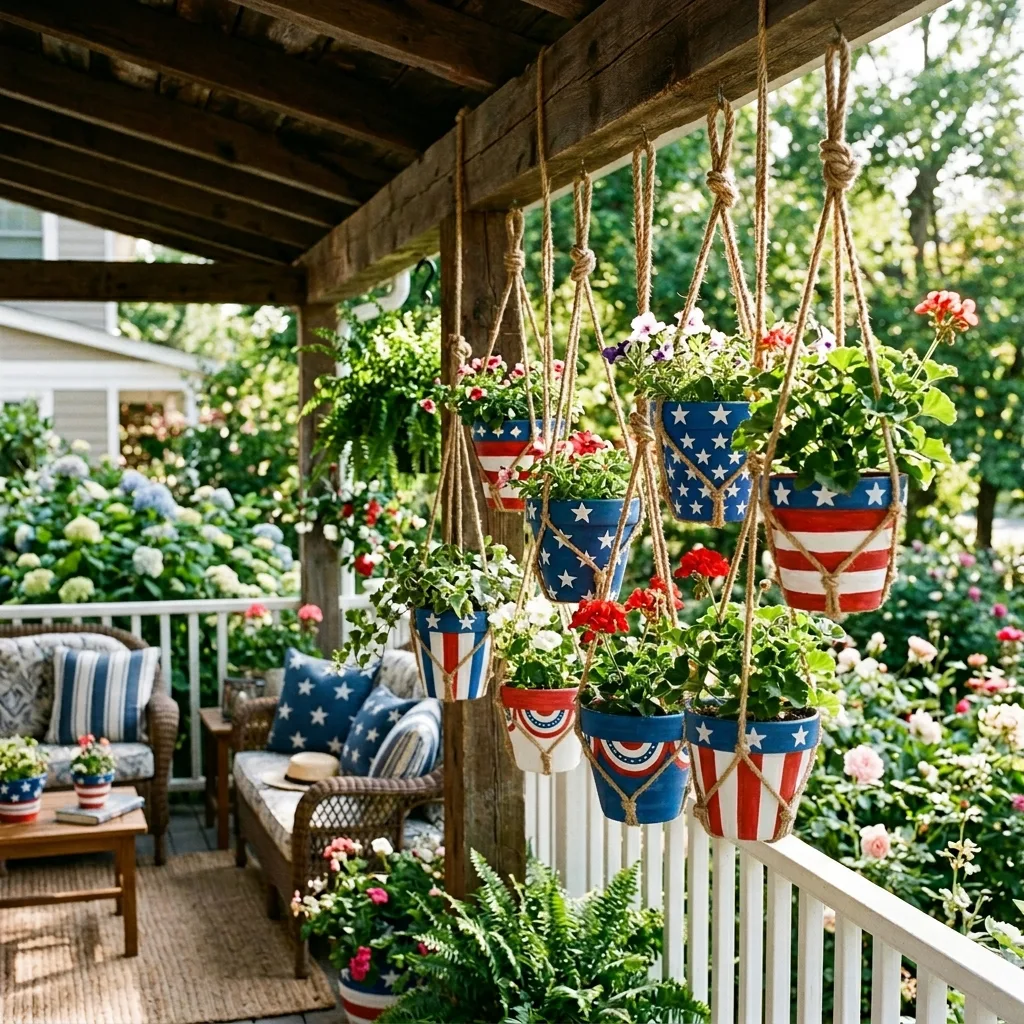 Hanging patriotic clay pot decor on a porch